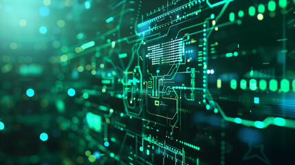 Obraz premium Futuristic cyber tech background with floating holographic data interfaces, transparent digital layers, and AI-driven circuit patterns glowing in neon green.