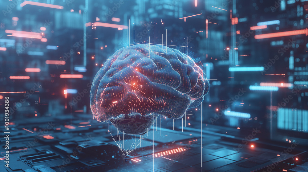 Poster holographic human brain with ai-driven circuits weaving through it, suspended in a futuristic blue s