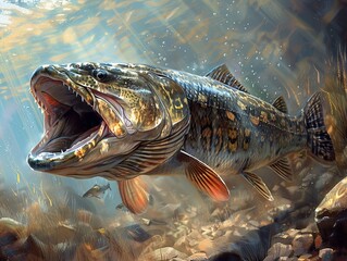 Fototapeta premium A Striking Underwater Portrait of a Fish with Open Mouth
