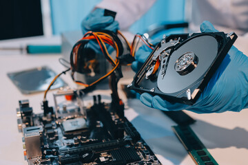 Obraz premium Electronics technician, electronic engineering electronic repair, electronics measuring and testing, repair and maintenance concepts.