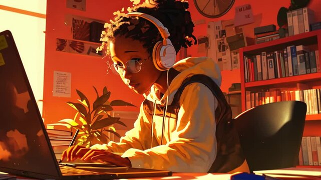 Student Studying Intently at a Desk in a Cozy Library During Daylight Generative AI