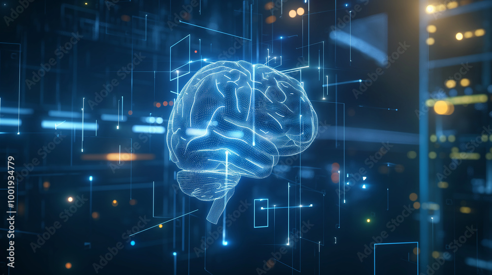 Poster holographic human brain with ai-driven circuits weaving through it, suspended in a futuristic blue s