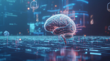 Holographic human brain with AI-driven circuits weaving through it, suspended in a futuristic blue space with floating data symbols and cyber elements.
