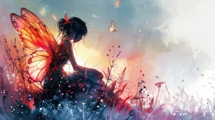 Enchanting sylph: fairy with wings, watercolor, mythical creature with translucent wings, radiant palette, delicate artistry, conjuring a vision of magical beauty, otherworldly allure.