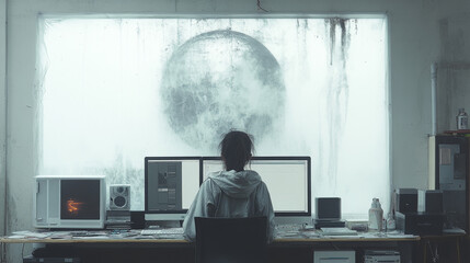 Fototapeta premium A woman sits at a desk with her back to the camera, working on a computer. A large, abstract moon image hangs in the window behind her.