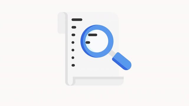 Animated  document with magnifying glass over text suitable for investigating, research, fraud detection, analysis, close examination, forensic review, important findings.
