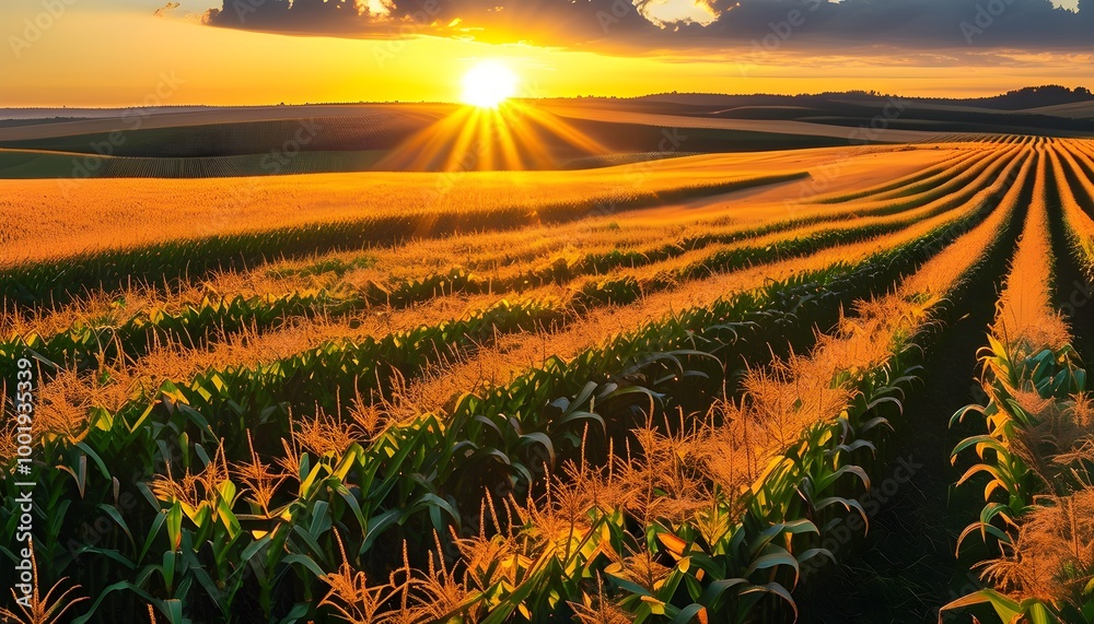 Canvas Prints Golden Cornfield Bathed in Summer Sunset Light