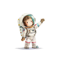 A little girl in a space suit is waving