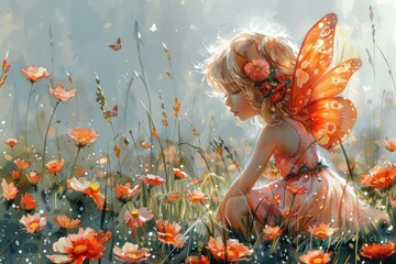 Fantastical nymph: fairy with wings, watercolor, mystical figure with gossamer wings, brilliant colors, soft strokes, ense of wonder and charm in a whimsical, artistic composition