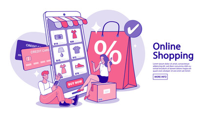 A stylish couple's successful online shopping spree. They use a credit card to buy clothes from a mobile fashion app during a sale, celebrating their discounted purchase.