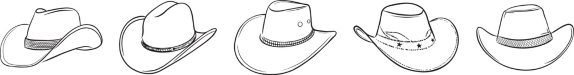 Cowboy hat collection. Set of American traditional Western hats isolated on transparent background.