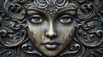 A detailed wooden face sculpture showcases intricate patterns and textures, celebrating artistry in a modern, flat design.