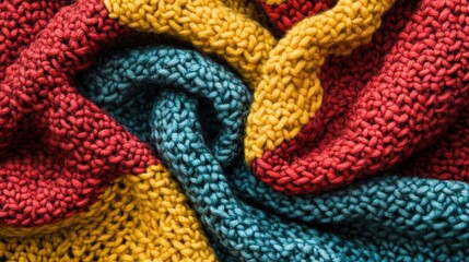 Bright and vivid knitted fabric closeup, displaying rich textures and intricate patterns in red, yellow, and teal hues.