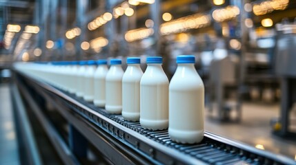 A modern milk production line showcases bottles on a conveyor, highlighting sanitation and efficiency in dairy manufacturing.