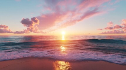 Fototapeta premium Sunset over an untouched beach, vibrant colors in the sky reflecting on the water