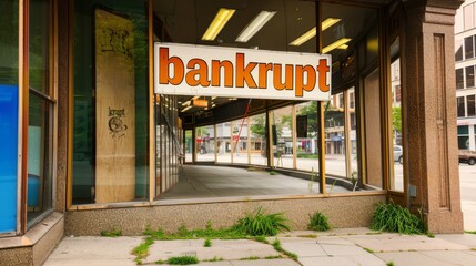 A once-thriving storefront with "bankrupt" sign, now boarded up and abandoned, weeds growing through cracks in the sidewalk, with an emotional and melancholic tone
