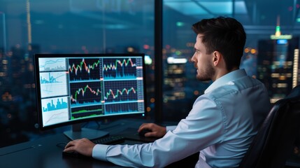 A businessman seated at his desk, staring hopelessly at multiple financial graphs on his computer screen showing a sharp market decline. His office window reveals a gloomy skyline