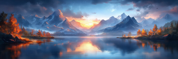 Obraz premium Serene mountain lake reflecting a vibrant sunset.