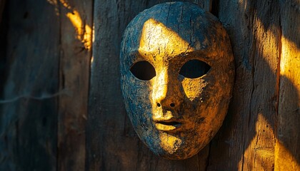 Spooky Mask Suspended on Wall in Ghostly Light, Casting Eerie Shadows - Medium Shot