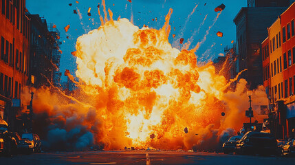 A large explosion erupts in a city street.