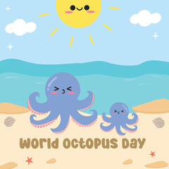 Obraz premium World Octopus Day. Suitable for flat design graphic illustration for template social media post, flyer design, flat illustration, banner, poster, greeting card, etc