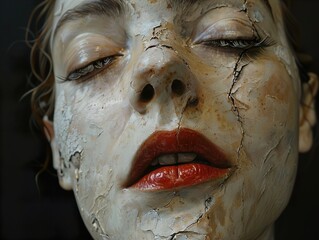 Close-up Portrait of a Woman with Cracked Skin and Red Lips