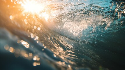 A close-up of a wave with sunlight streaming through, creating rays of light that penetrate the water