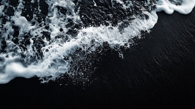 A close-up shot of a wave breaking on a black sand beach, with the dark sand contrasting sharply with the white foam of the wave