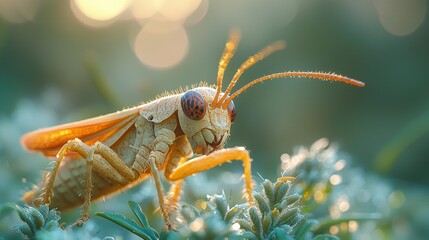 Close-up of a grasshopper perched on delicate green foliage during a serene morning glow in nature's habitat