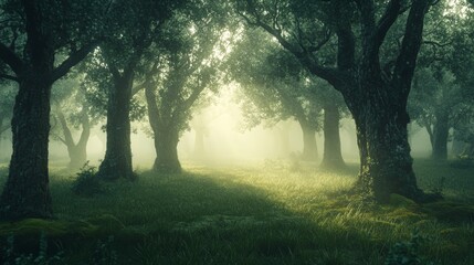 A dense forest at daybreak, shrouded in mist