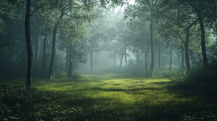 Fototapeta premium A foggy morning in a tranquil forest, with light gently filtering through the mist