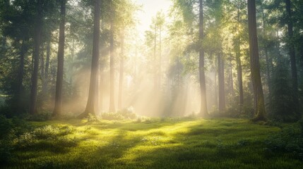 Obraz premium A misty forest at dawn, with delicate sunbeams barely touching the forest floor