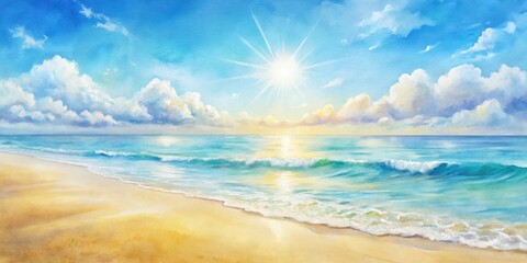 Obraz premium Pastel watercolor painting of a sunny day at the beach, pastel, colors, watercolor, painting, sunny, day, beach, sea, ocean