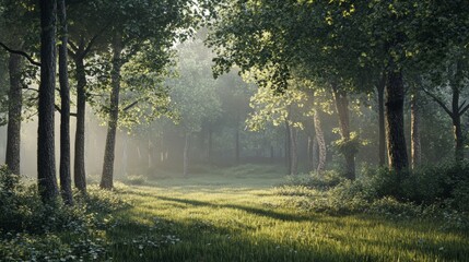 Fototapeta premium A peaceful woodland scene in the early morning, with light mist hovering over the ground and faint sunlight filtering through the trees