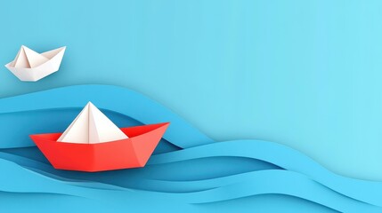 A bold red paper boat stands out amid serene white boats, symbolizing unique leadership against a tranquil blue sky.