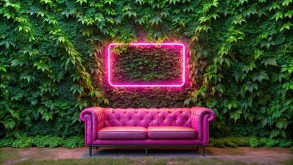 Neon sign on wall of green leaves above pink couch, neon sign, wall decor, green leaves, pink couch, interior design