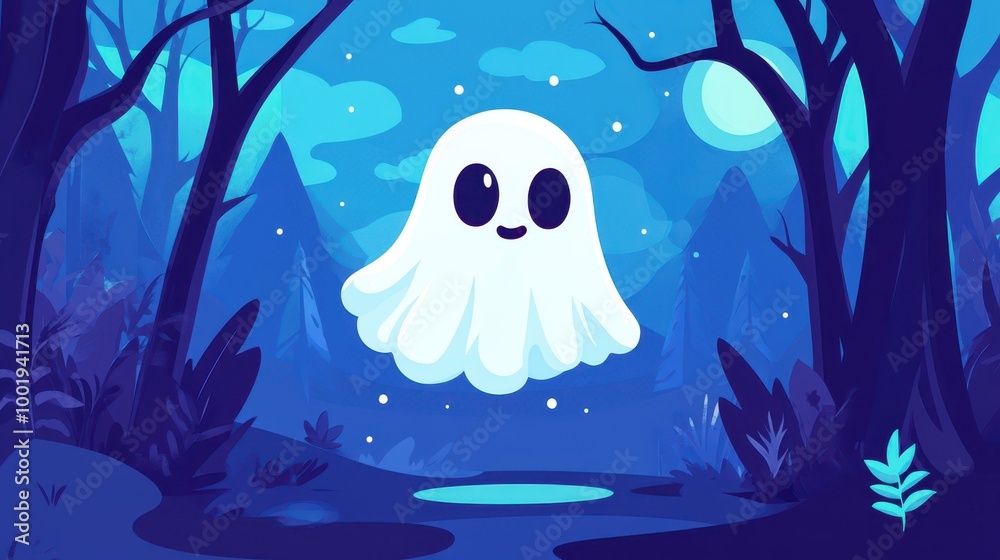 Poster A whimsical ghost floats through the air, bringing a playful vibe to Halloween with its cute and spooky charm.