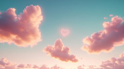 Fototapeta premium A romantic sky with a few heart-shaped clouds glowing softly in a pastel-colored sky, The image is ultra detailed