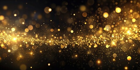 Gold particles trail with glowing bokeh particles on a black background , sparkles, Christmas, holiday, abstract, festive