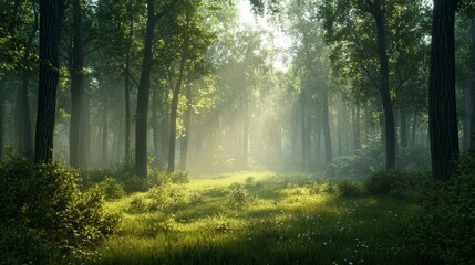 Obraz premium A serene forest at dawn, shrouded in mist