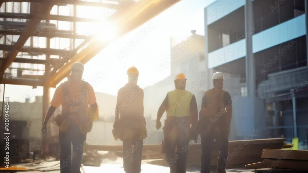 Poster Construction workers in helmets and safety vests walk through an unfinished building at sunset, discussing work and showcasing teamwork on the site