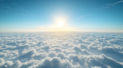 A serene scene above the clouds, sparse lower clouds with a vibrant blue sky