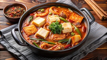 Traditional Korean spicy stew made with assorted meats, tofu, vegetables, and noodles , Korean, cuisine, food, hot pot, soup