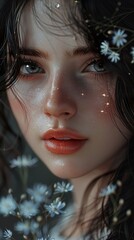Fototapeta premium Dreamy Portrait of a Woman with Flowers and Sparkles