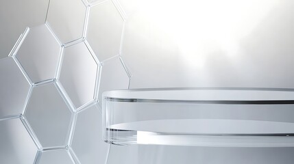 White and glass podium with hexagon pattern background for product display.