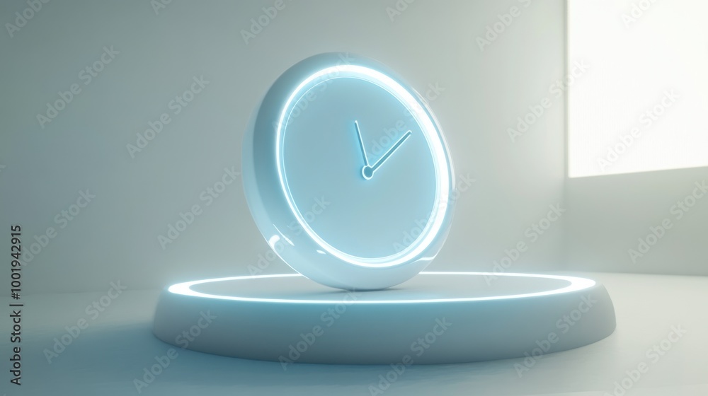 Poster A modern clock design with a glowing base, emphasizing timekeeping in a minimalist setting.