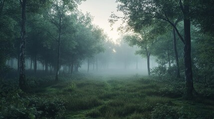 Obraz premium A tranquil forest at dawn, covered in light mist