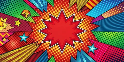 Stickers  Abstract comic background with colorful shapes and patterns on a red background, comics, abstract, background, vibrant, colorful  © Nasnunt