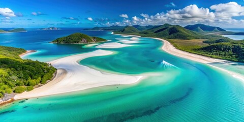 Fototapeta premium Aerial panoramic view of Whitehaven Beach with crystal clear waters and white sandy shores, Whitsunday Islands