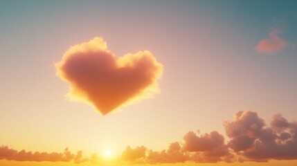 A warm sky at sunset with a single cloud shaped like a heart key, softly illuminated by the fading light